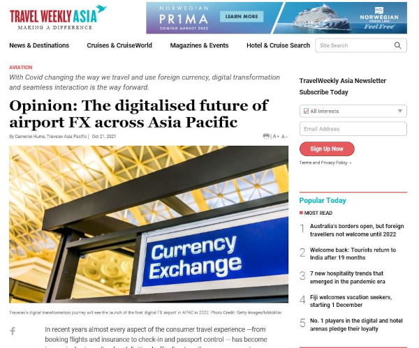 Travelex store sign at airport in Travel Weekly Asia article